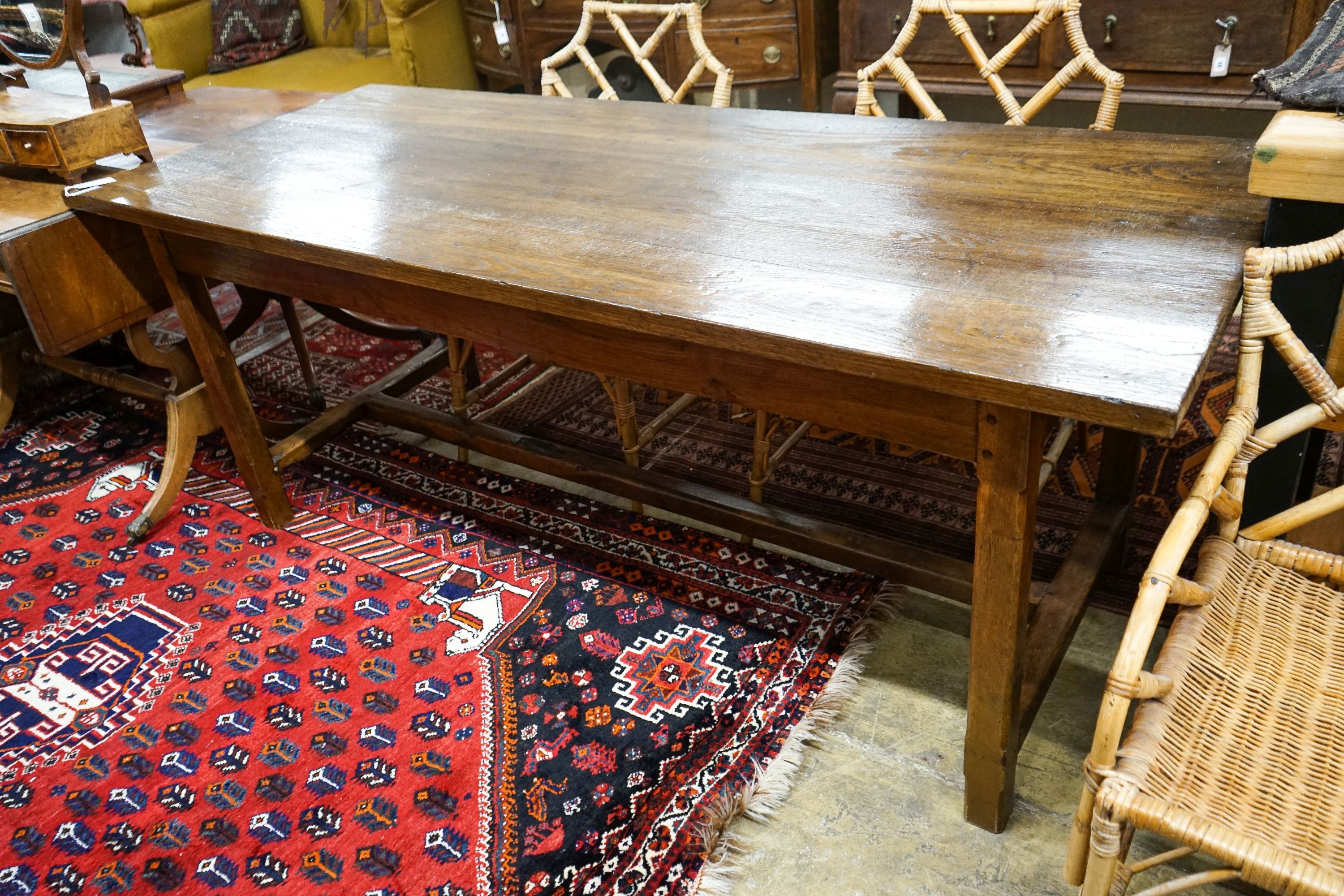 A 19th century French rectangular oak farmhouse table, length 200cm, depth 79cm, height 78cm